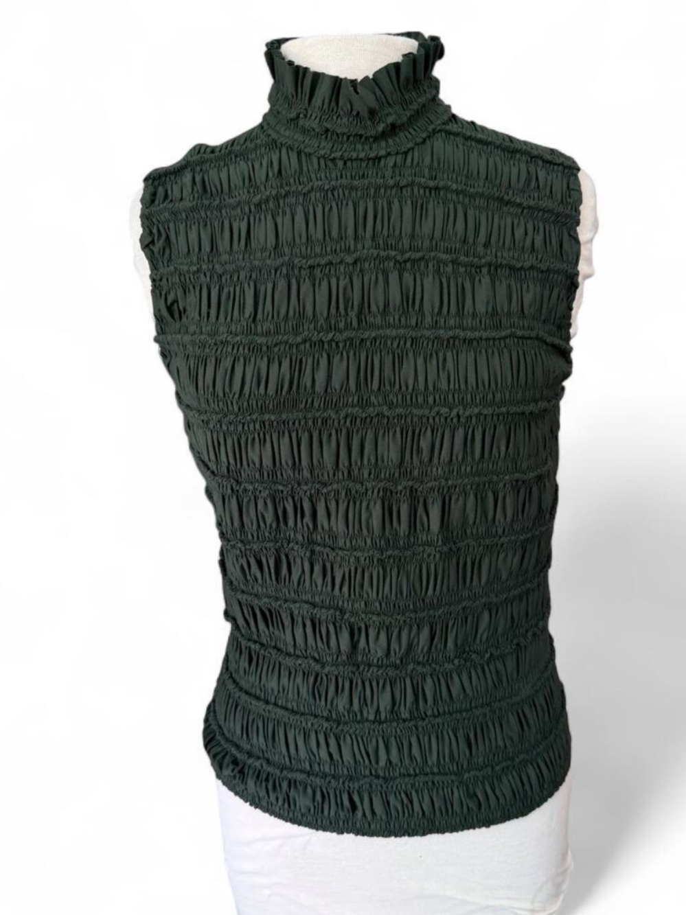 Akris Punto Bergdorf Goodman Dark Green Smocked High Neck Sleeveless Top US 10
